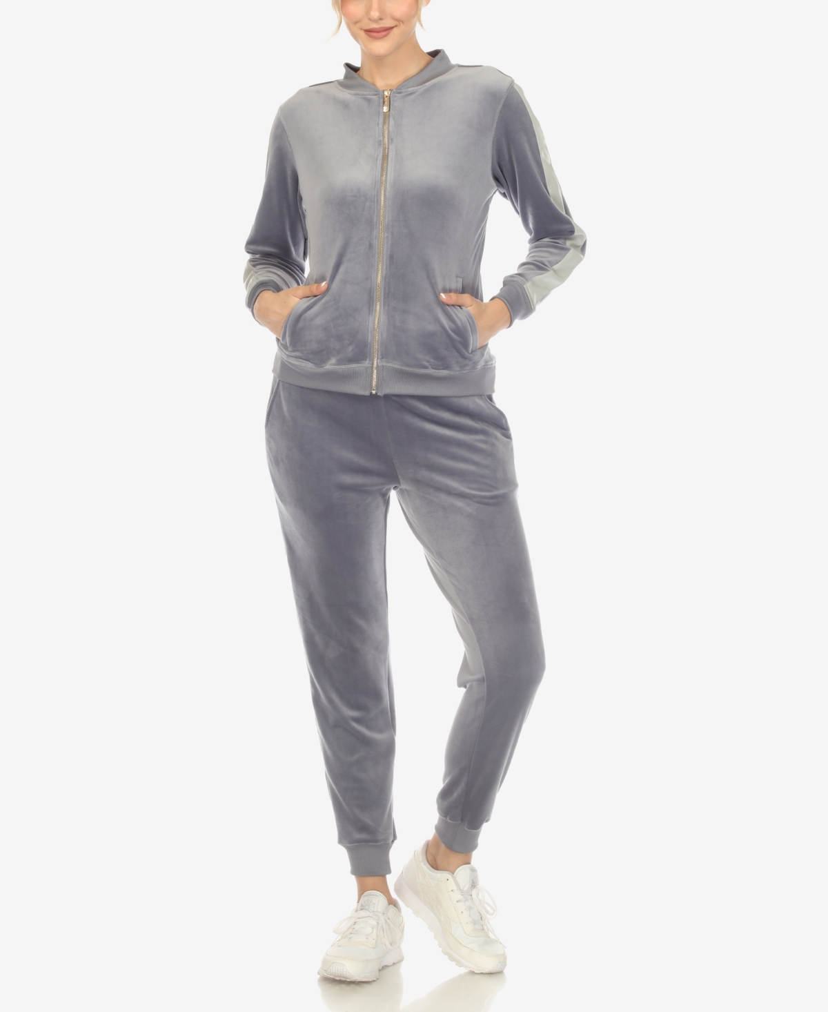 Shop White Mark Women's Faux Leather Stripe Velour 2 Piece Tracksuit Set In Charcoal