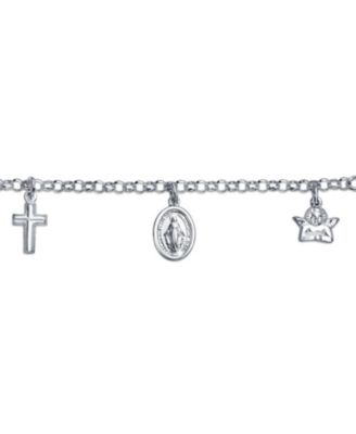 Protection Religious Medal Multi Virgin Mary Cross Angels Dangle Charm Bracelet Sterling Silver