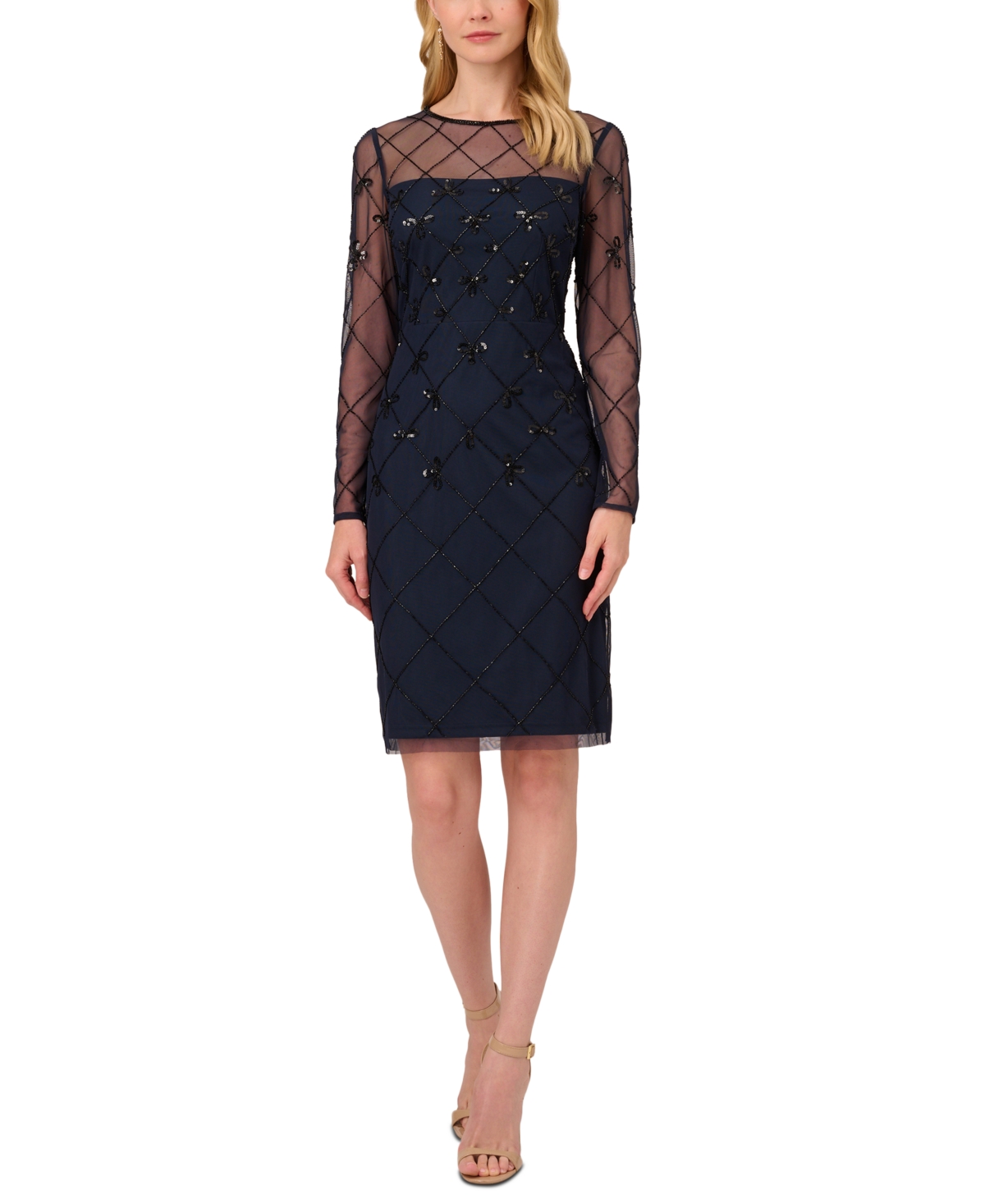 Women's Embellished Illusion Long-Sleeve Dress - Navy/Black