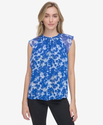 Calvin Klein - Women's Printed Ruffle-Neck Sleeveless Shell Top