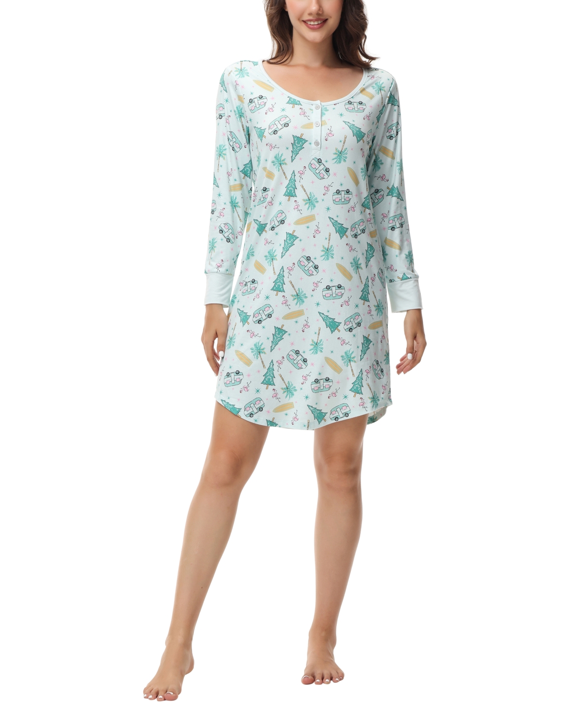 Women's Long Sleeve Henley Sleepshirt Nightgown - Tropical Holiday