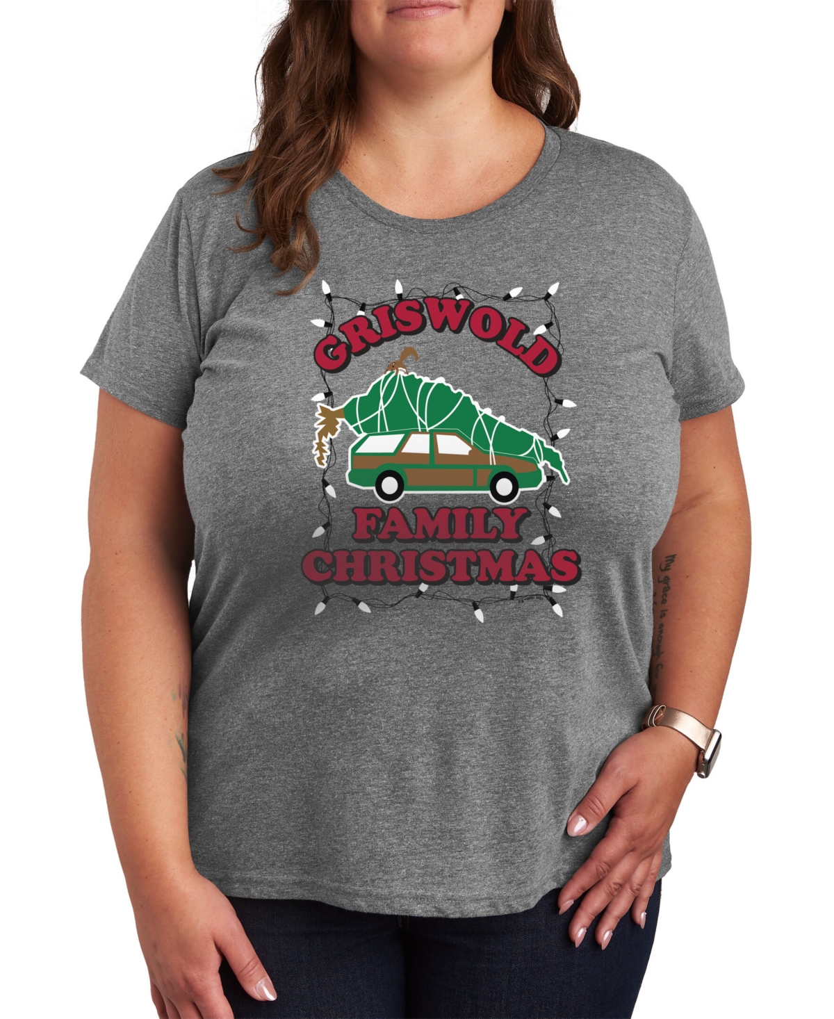 Air Waves Trendy Plus Size Christmas Vacation Graphic T-shirt In Gray
