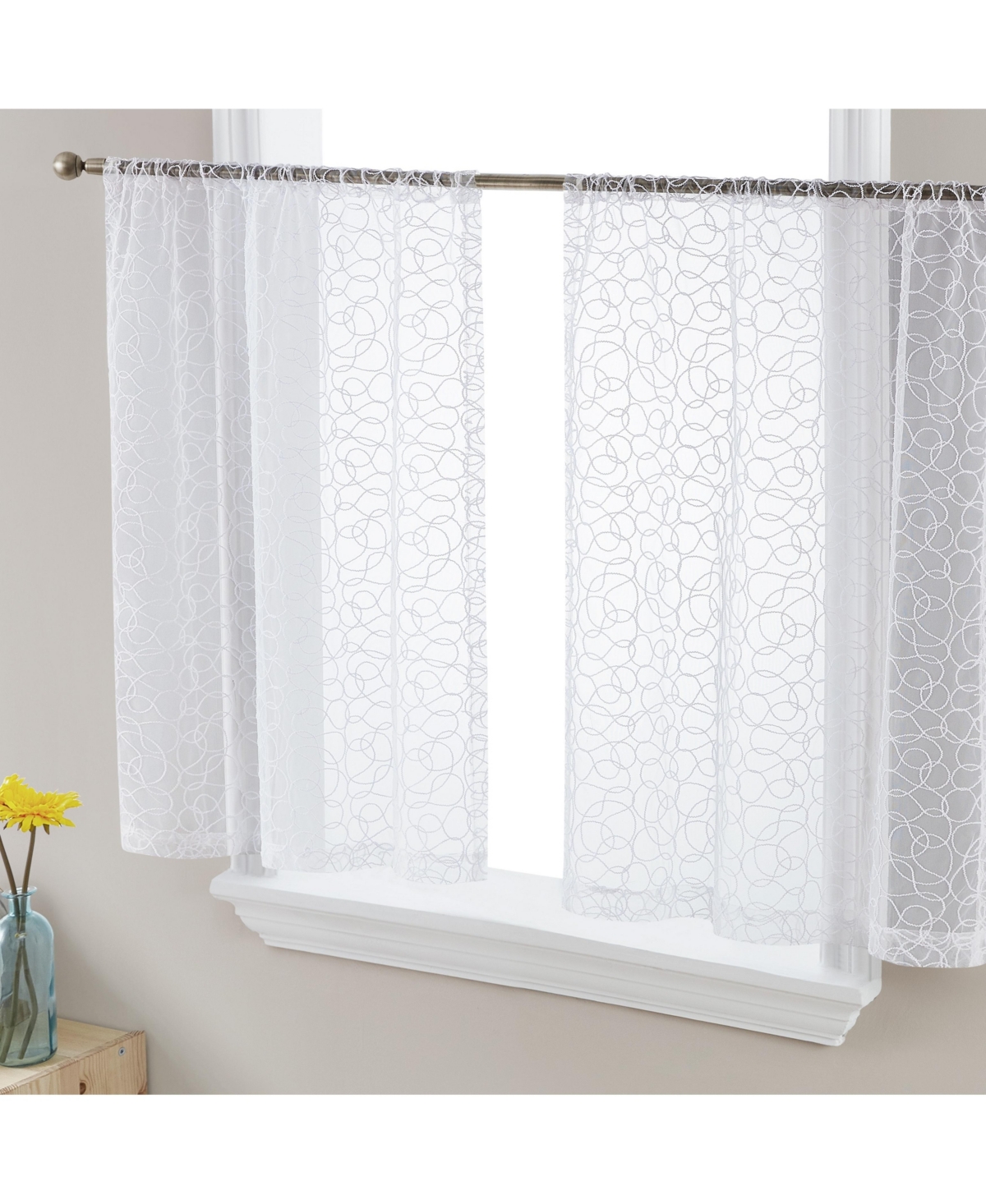 Audrey Embroidered Sheer Voile Window Curtain Short Rod Pocket Tiers for Kitchen, Bedroom, Small Windows and Bathroom - White