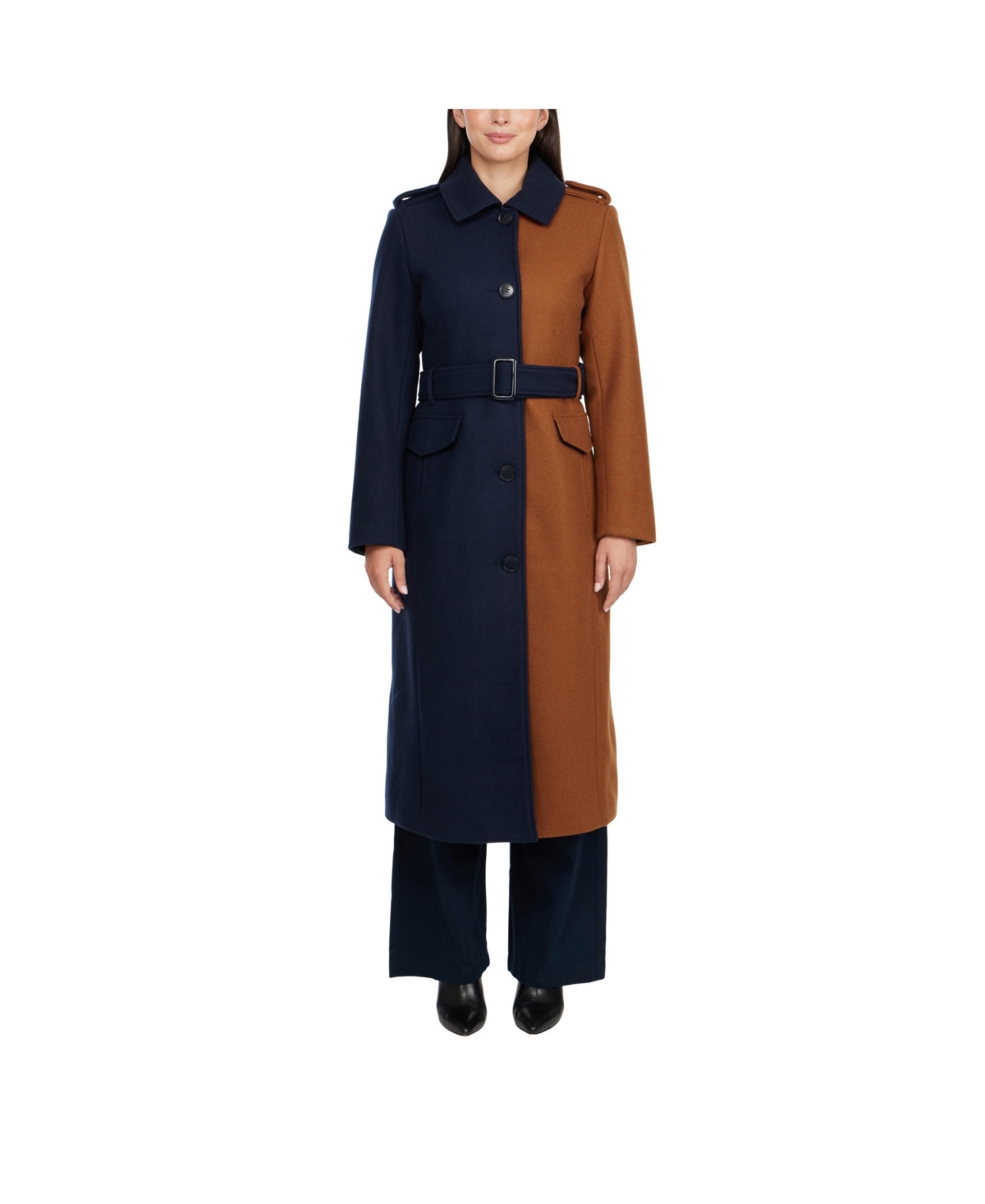 Badgley Mischka Women's Wool Blend Color Block Coat with Detachable Faux Fur Collar -navy