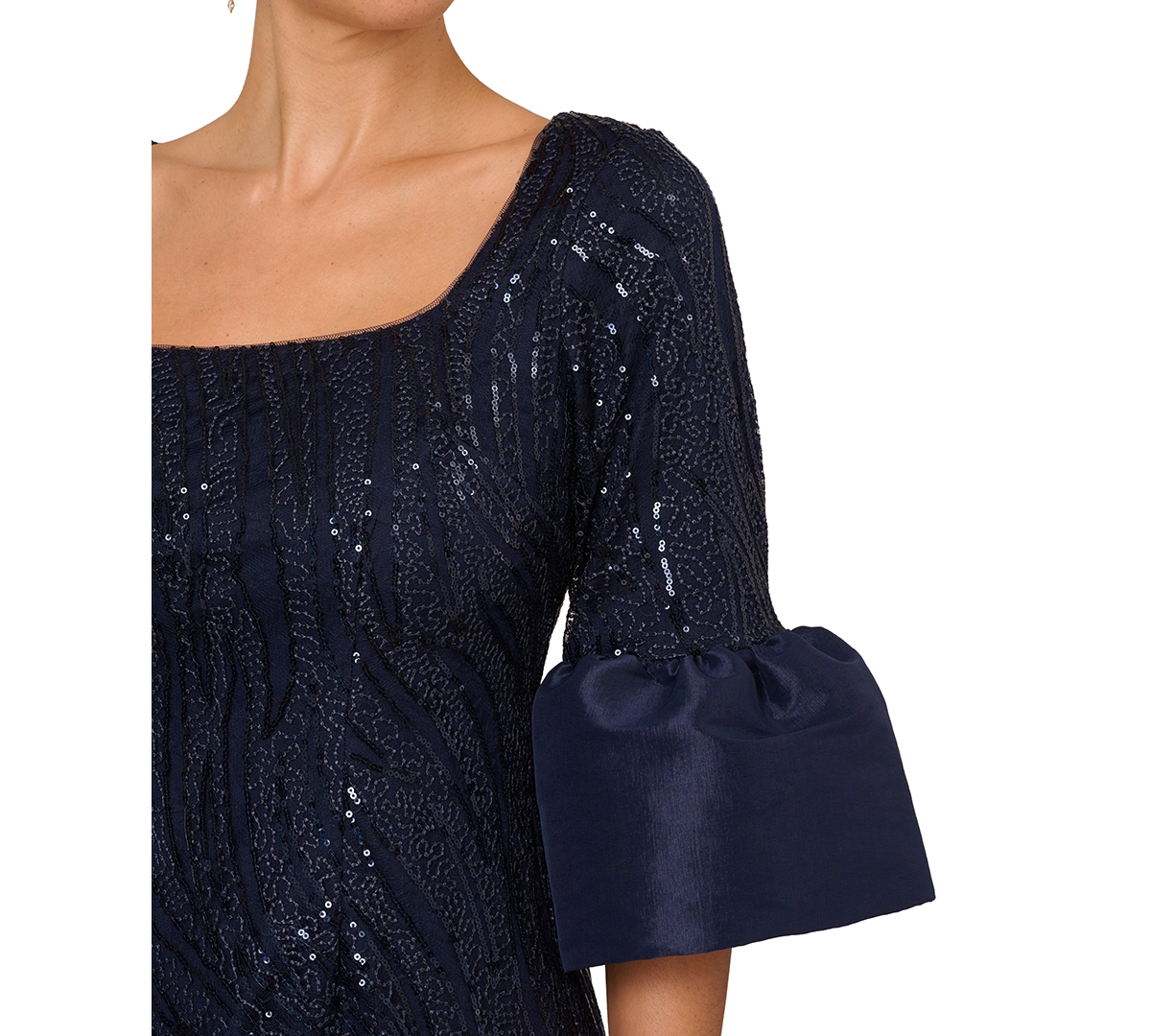 Shop Adrianna Papell Women's Sequin-embroidered Bell-sleeve Dress In Midnight