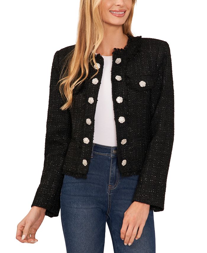 Cece Rhinestone Button Tweed Jacket in Rich Black