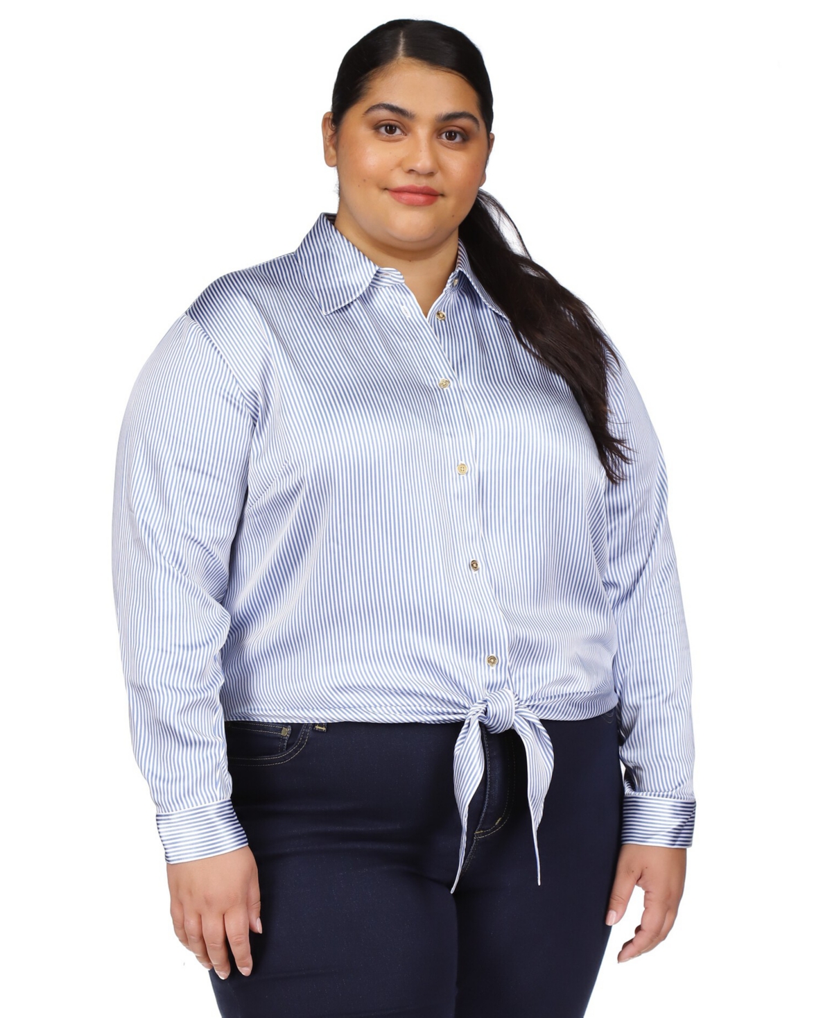 Michael Kors Michael  Plus Size Pinstriped Tie-front Shirt In Blueberry