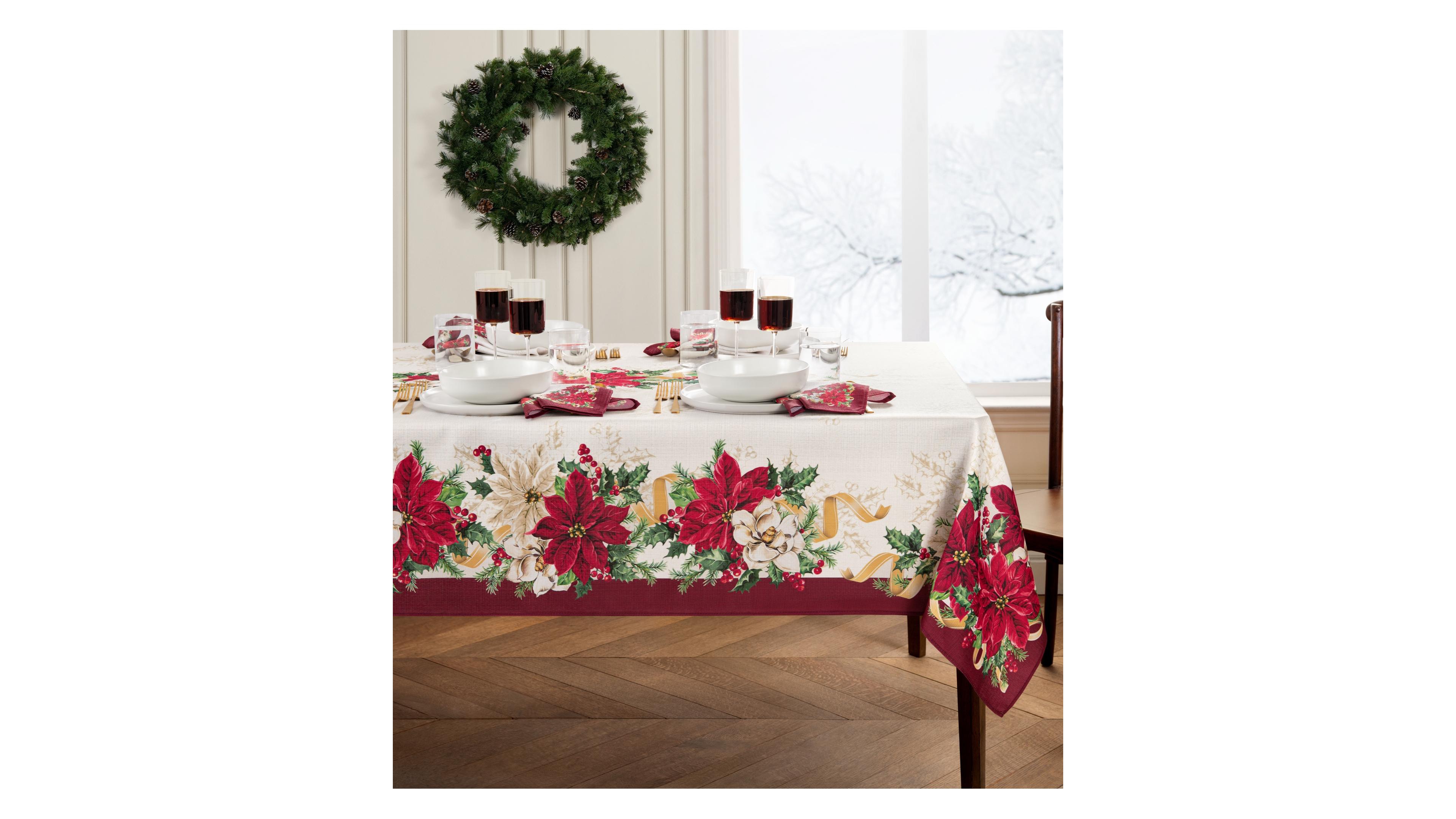 Elrene Poinsettia Garlands Engineered Tablecloth, 60" x 102"