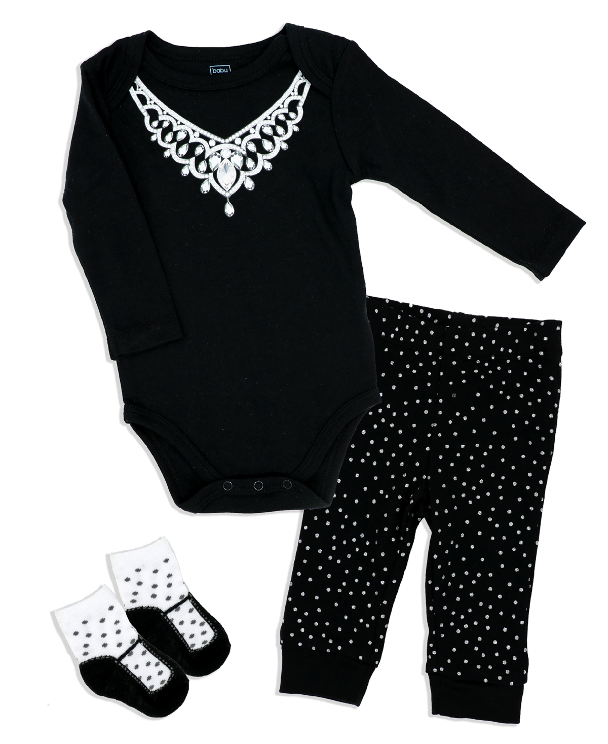 Baby Mode Baby Girls Diamond Necklace Bodysuit, Pants And Socks, 3 Piece Set In Black
