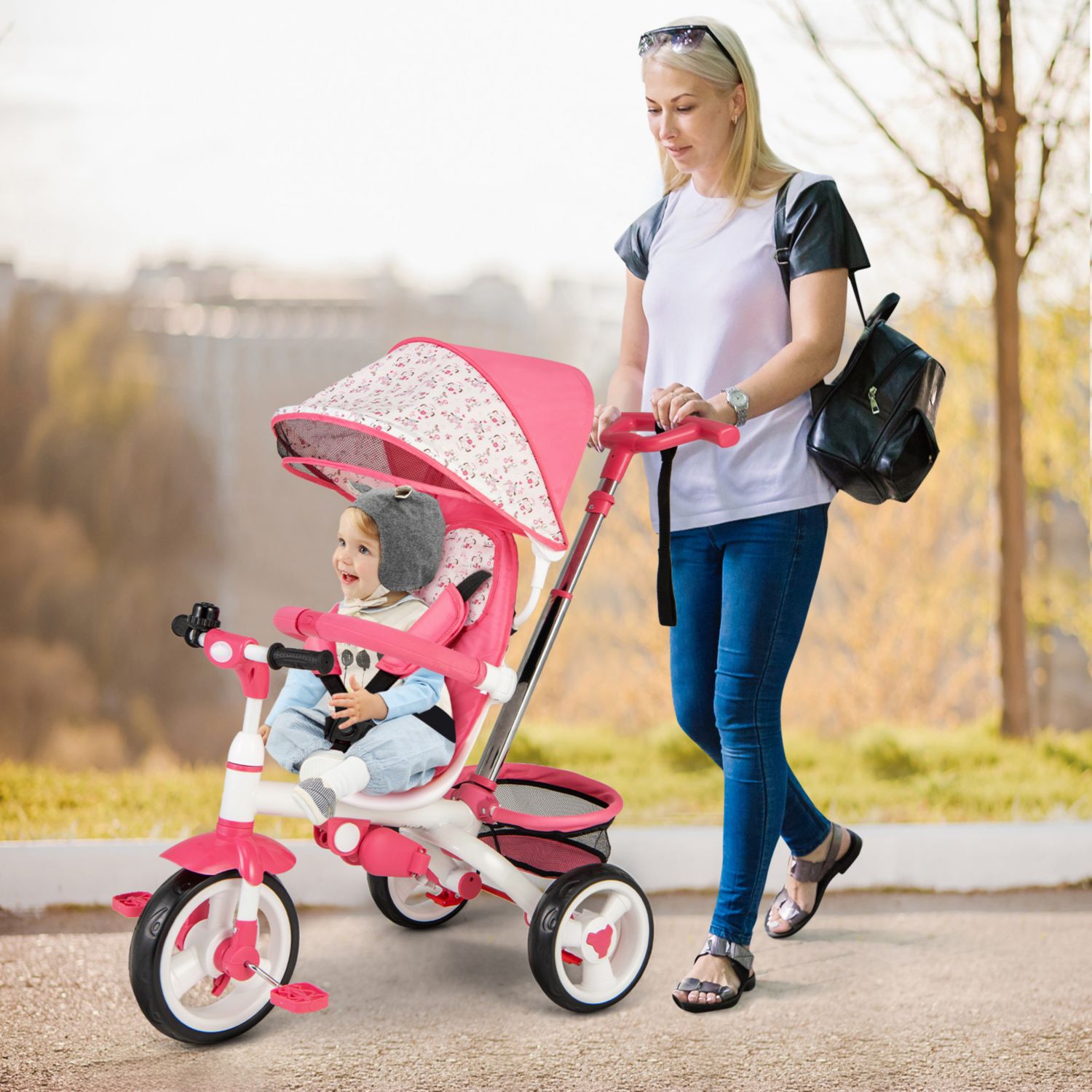 Girls 4-in-1 Tricycle Stroller with Detachable Design and Round Sun Canopy