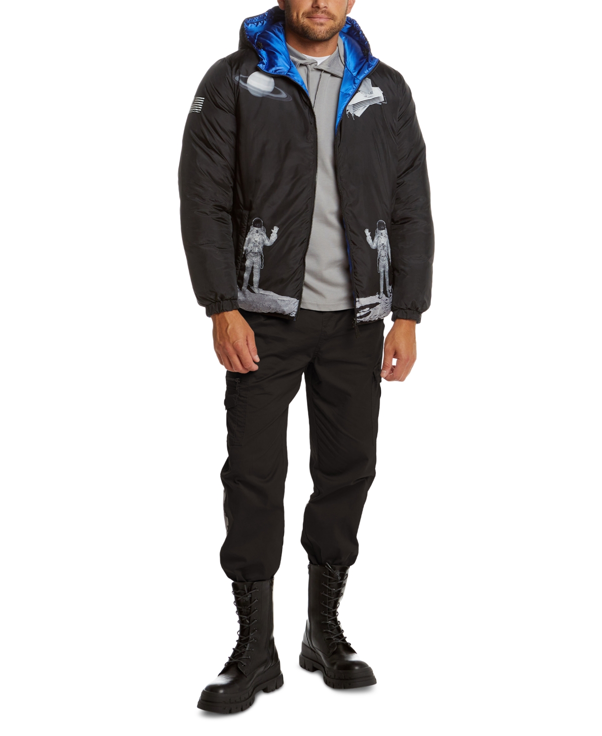 Space One Men s Nasa Inspired Reversible Two in One Puffer Jacket with Astronaut Interior Cosmic Blue Smart Closet