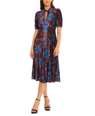 Maggy London - Women's Printed Velvet Twist-Neck Midi Dress