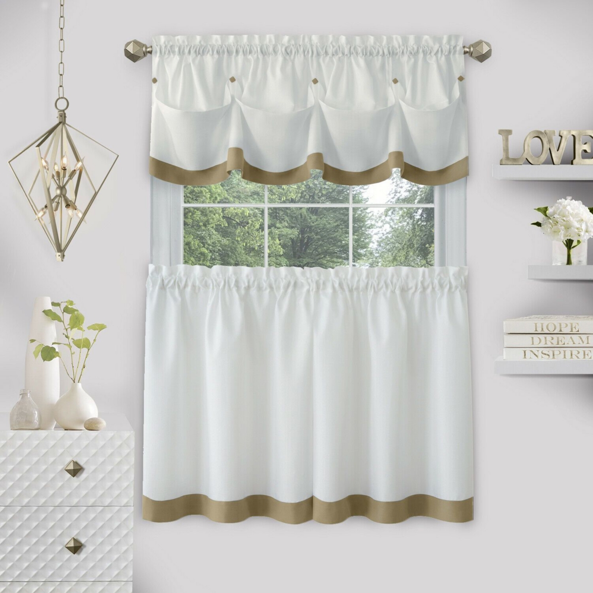 Kate Aurora Country Living Farmhouse 3 Pc Solid Cafe Kitchen Curtain Tier & Tucked Valance Set - 56in W x 24in L, Navy Blue -tan