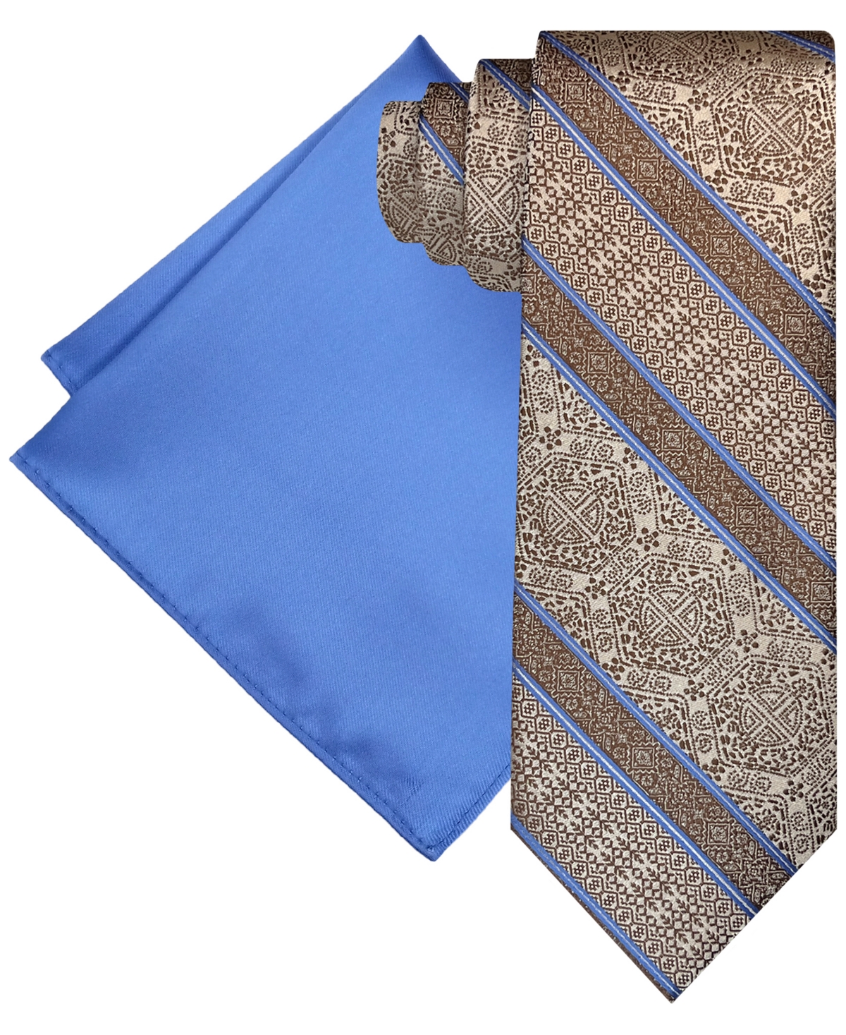 Men's Extra Long Tapestry Stripe Tie & Pocket Square Set - Ecru