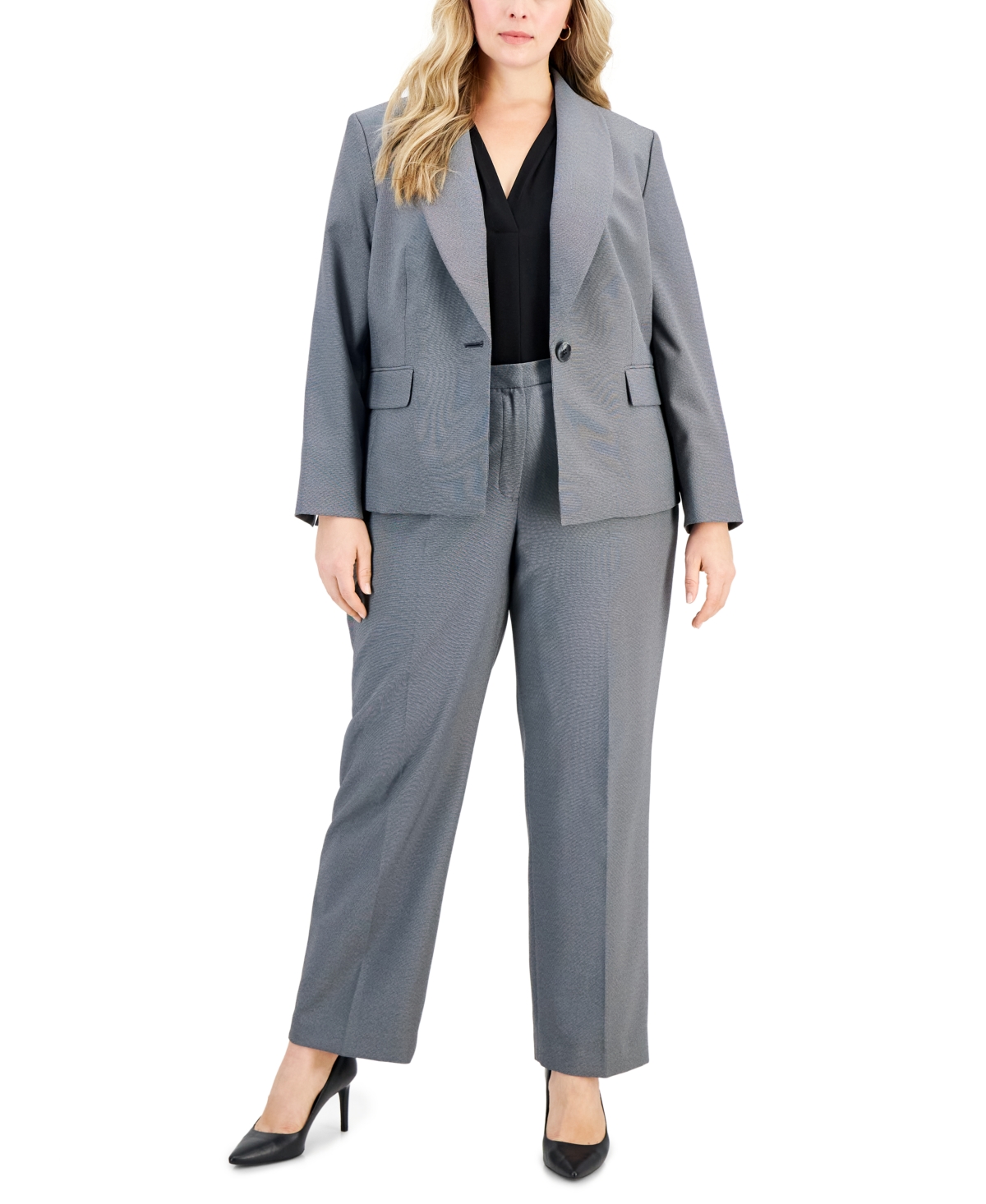 Plus Size Shawl-Collar Single-Button Pantsuit - Grey