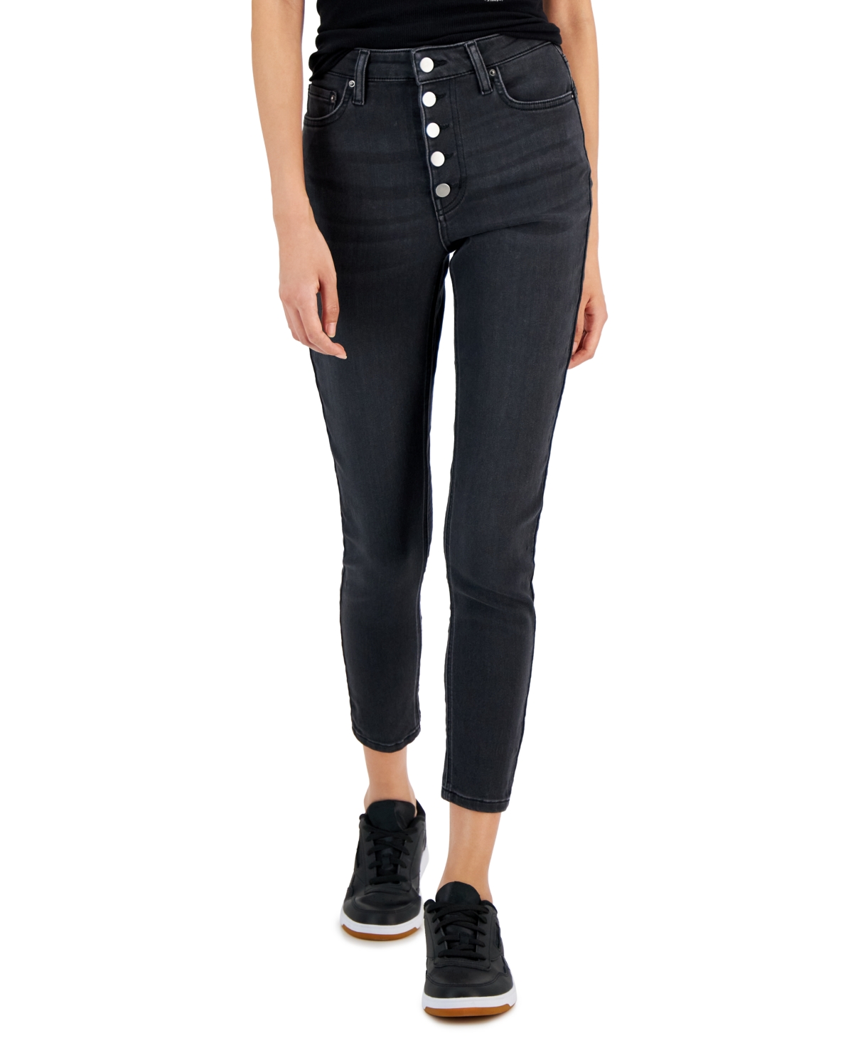 Juniors' Button-Fly Mid-Rise Skinny Ankle Jeans - Black