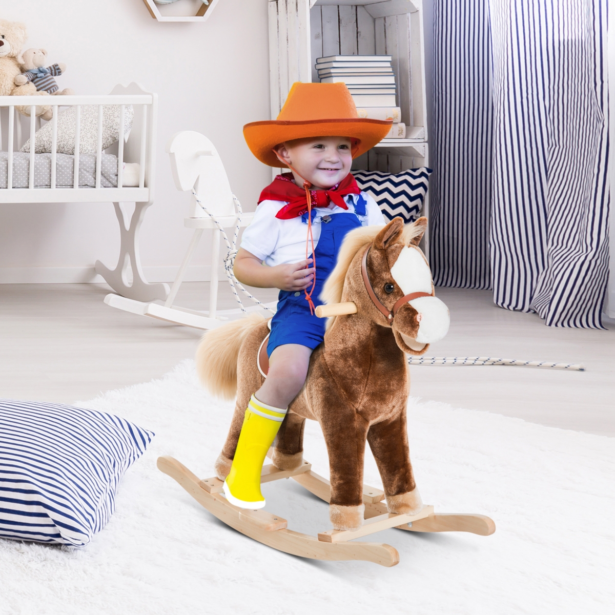 Qaba Kids Rocking Horse, Plush Toddler Rocker, Wooden Base Ride-On Toy with Handle Grip, Traditional Toy for Kids 36M+,- Brown