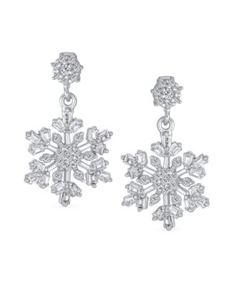 Holiday Party Flower Christmas Frozen Winter Cubic Zirconia CZ Large Snowflake Dangle Stud Earrings Sterling Silver