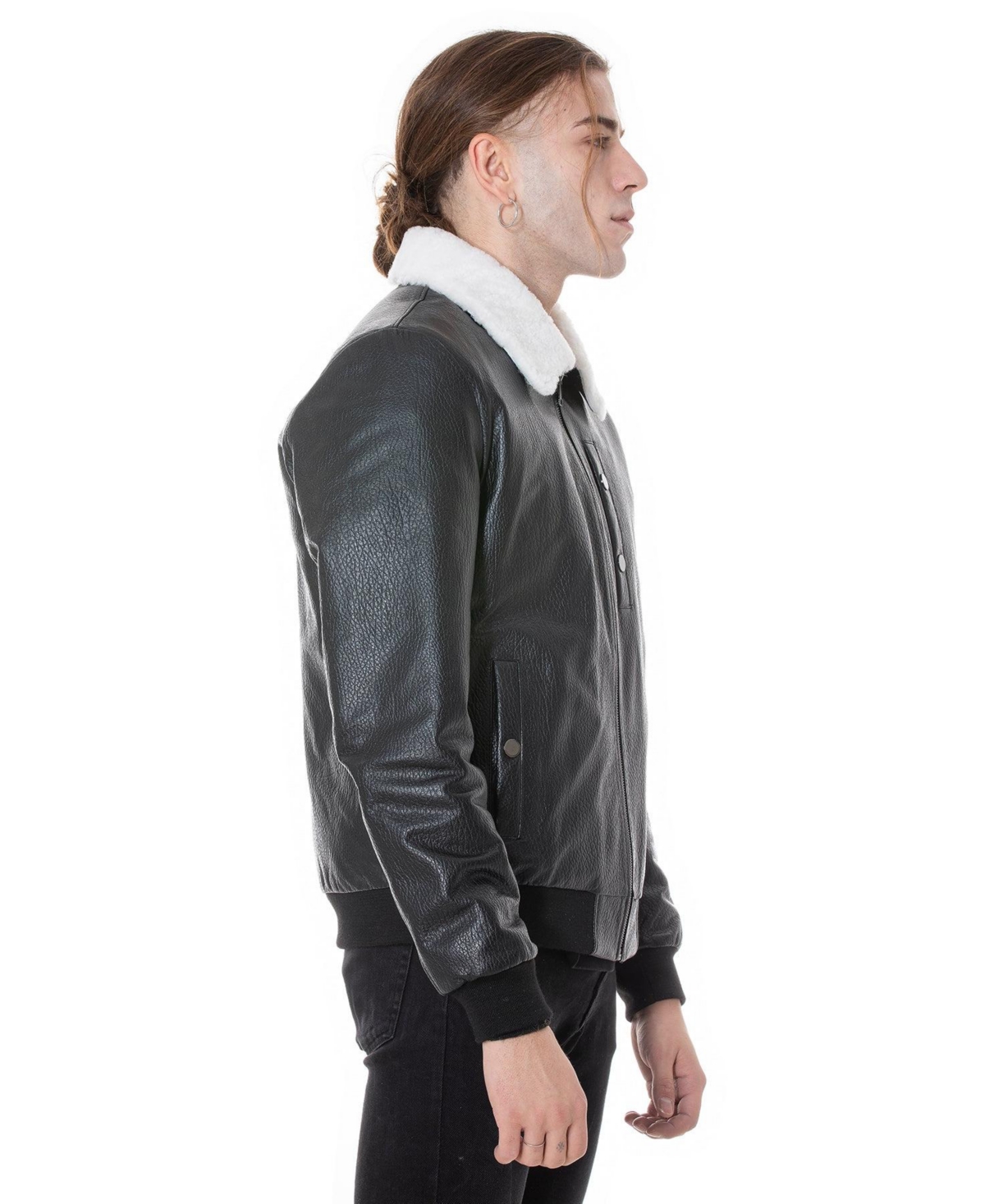 Furniq Uk Men's Genuine Leather Bomber Jacket with Shearling Lining,Nappa and White Curly Wool - Black