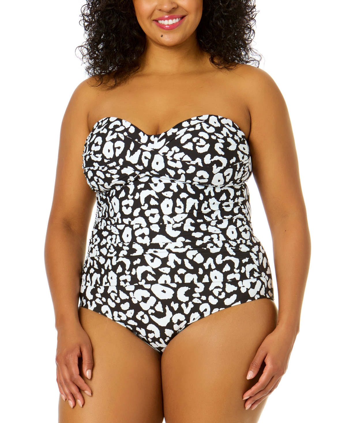 Anne Cole Plus Size Crossover Bandeau Ruched One Piece In Wild Cat