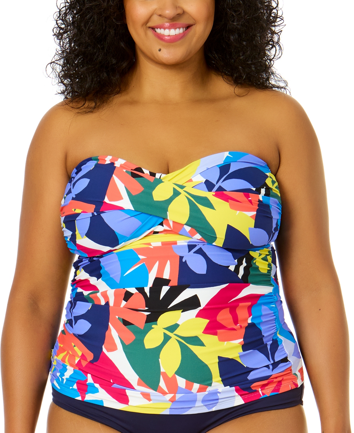 Anne Cole Plus Size Crossover Bandeau Underwire Tankini Top In Tropic Stamp