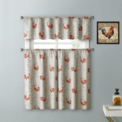Living Country Farmhouse Red Rooster Barn 3 Piece Kitchen Curtain Tier & Valance Set