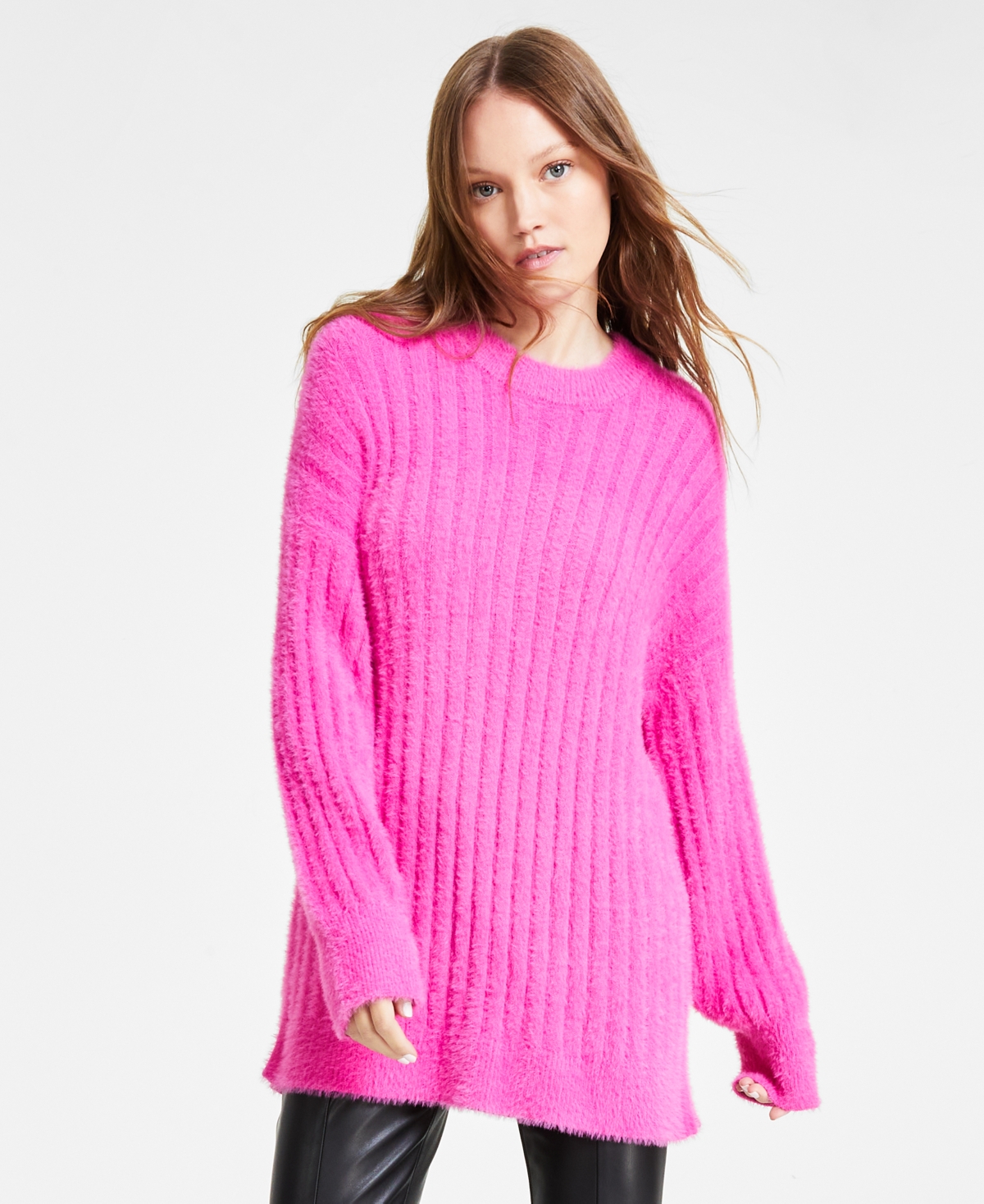 Hippie Rose Juniors' Ribbed-knit Eyelash Tunic Sweater In Vivid Pink