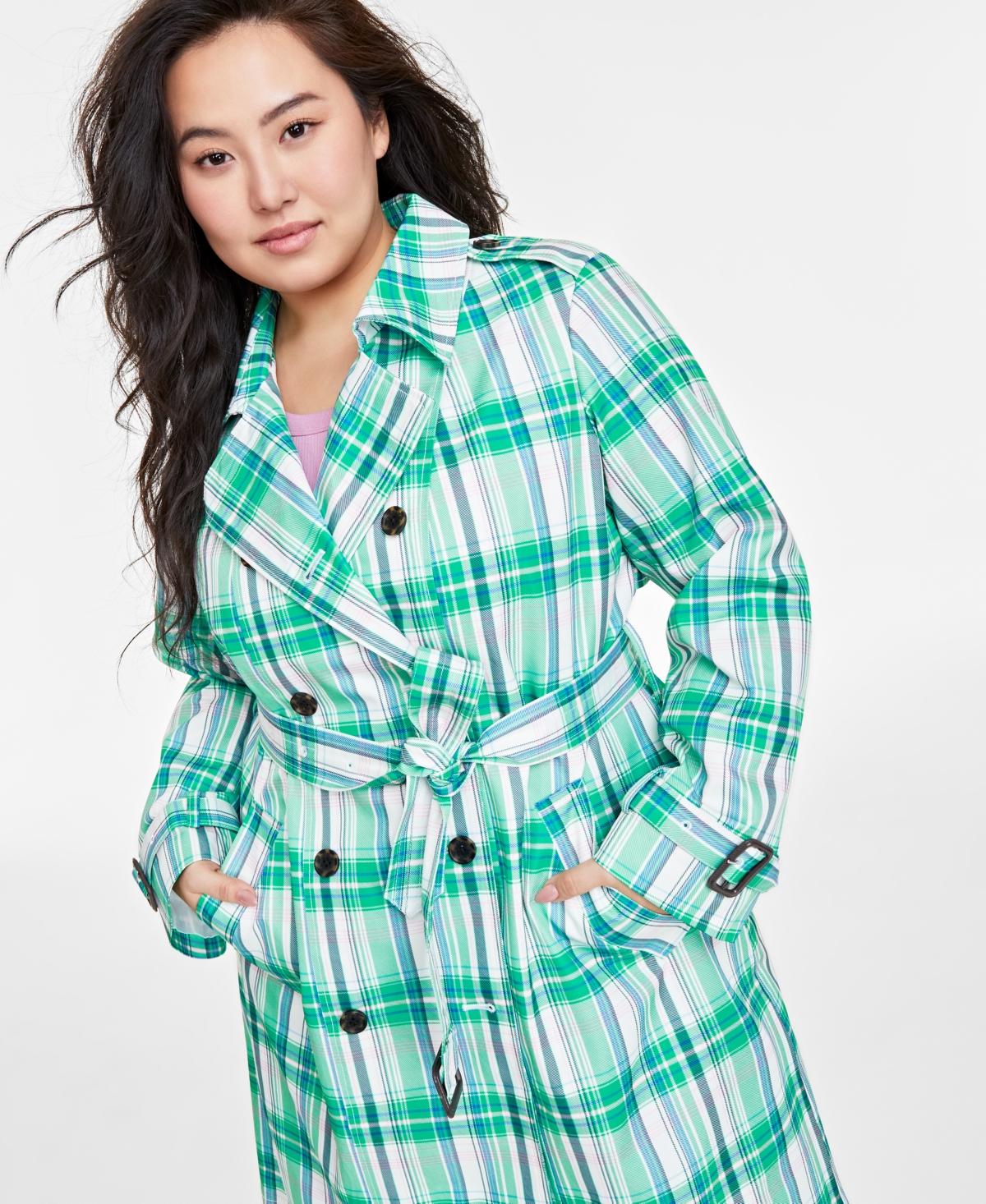 Shop On 34th Plus Size Plaid Double-breasted Trench Coat, Created For Macy's In Green White Combo