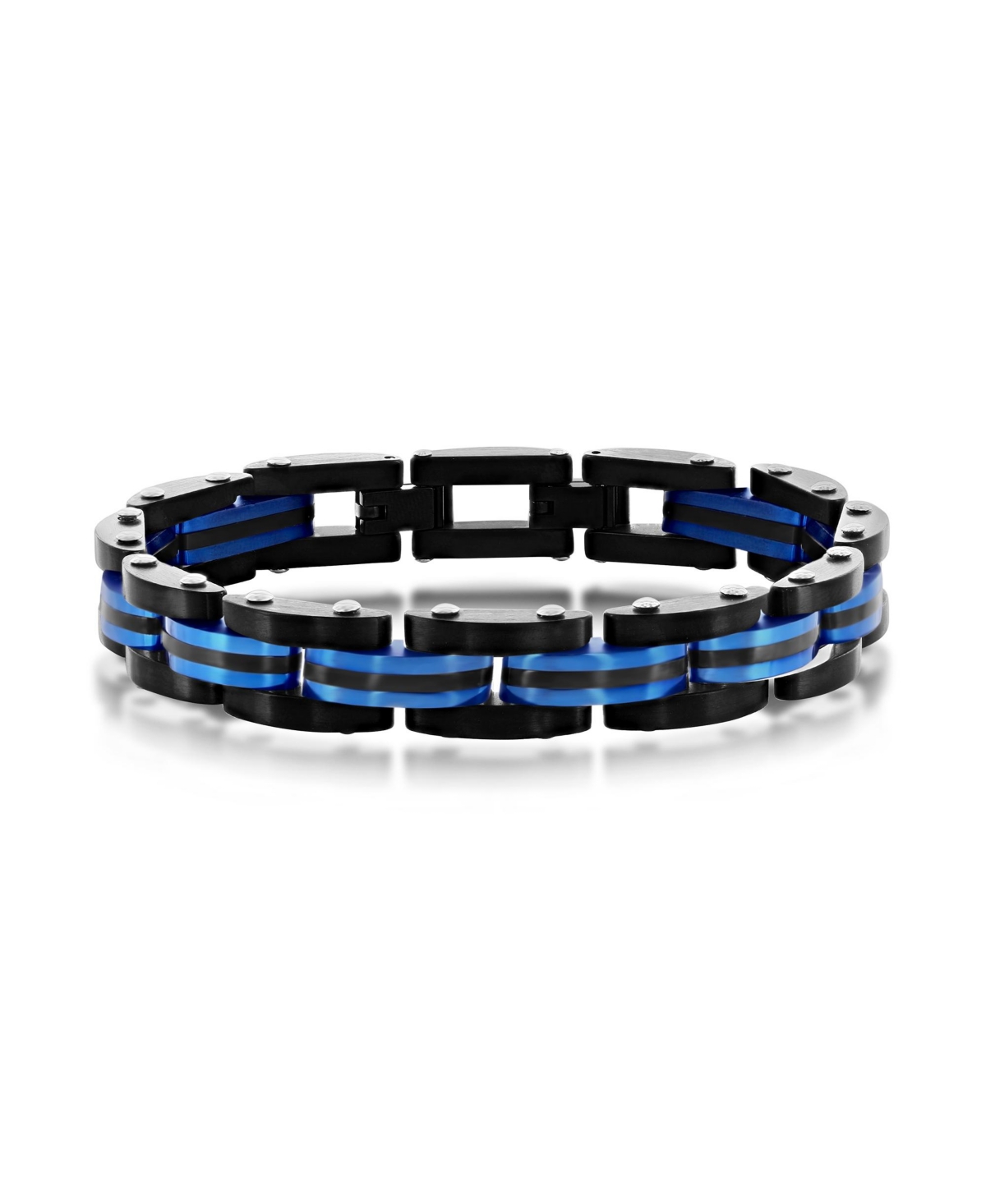 Stainless Steel Two-Toned Striped Link Bracelet - Black  blue