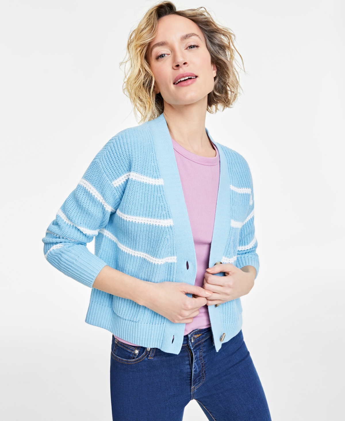 On 34th Women's Striped Patch-pocket V-neck Cardigan, Created For Macy's In Sky Blue Cmb