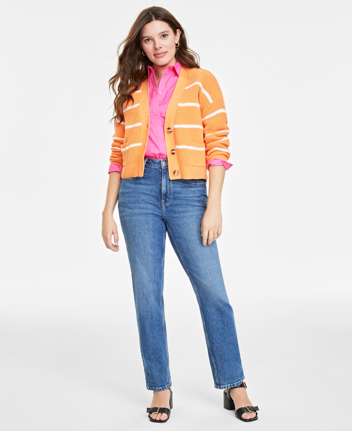 On 34th Women's Striped Patch-pocket V-neck Cardigan, Created For Macy's In Tangerine Cmbo