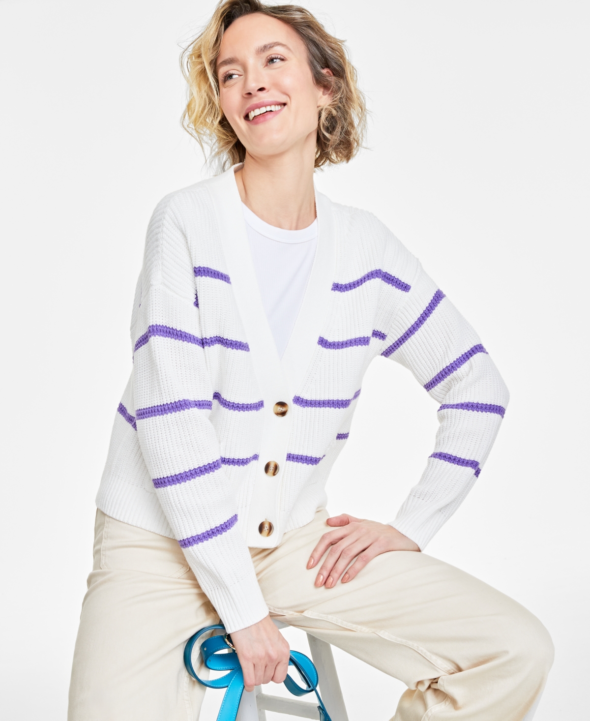 On 34th Women's Striped Patch-pocket V-neck Cardigan, Created For Macy's In Dahlia Purp Cmb