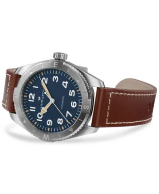 Men's Swiss Automatic Khaki Field Expedition Brown Leather Strap Watch 41mm