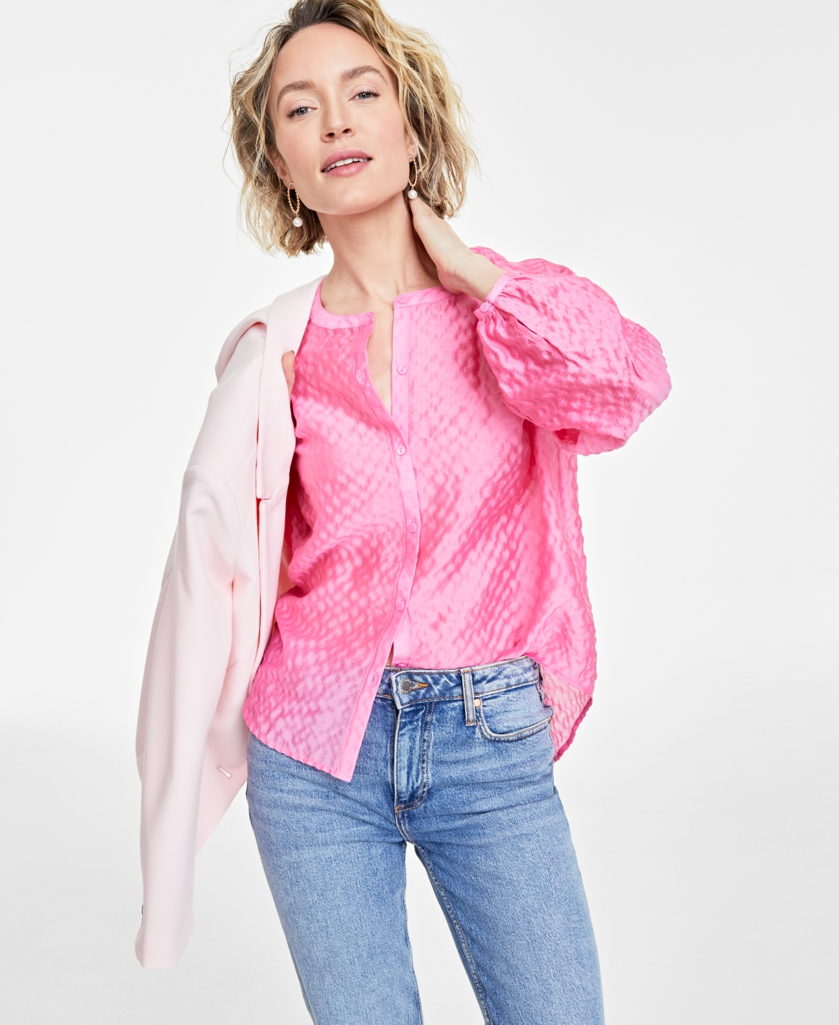 On 34th Women's Solid Seersucker Shirt, Created For Macy's In Azalea Pink