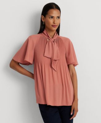 로렌 랄프로렌 Lauren Ralph Lauren Womens Tie-Neck Flutter-Sleeve Blouse,Pink Mahogany