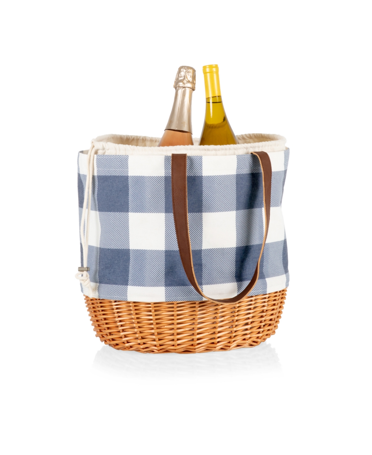 Picnic Time Coronado Canvas and Willow Basket Tote Bag - Blue and White with Beige Accents