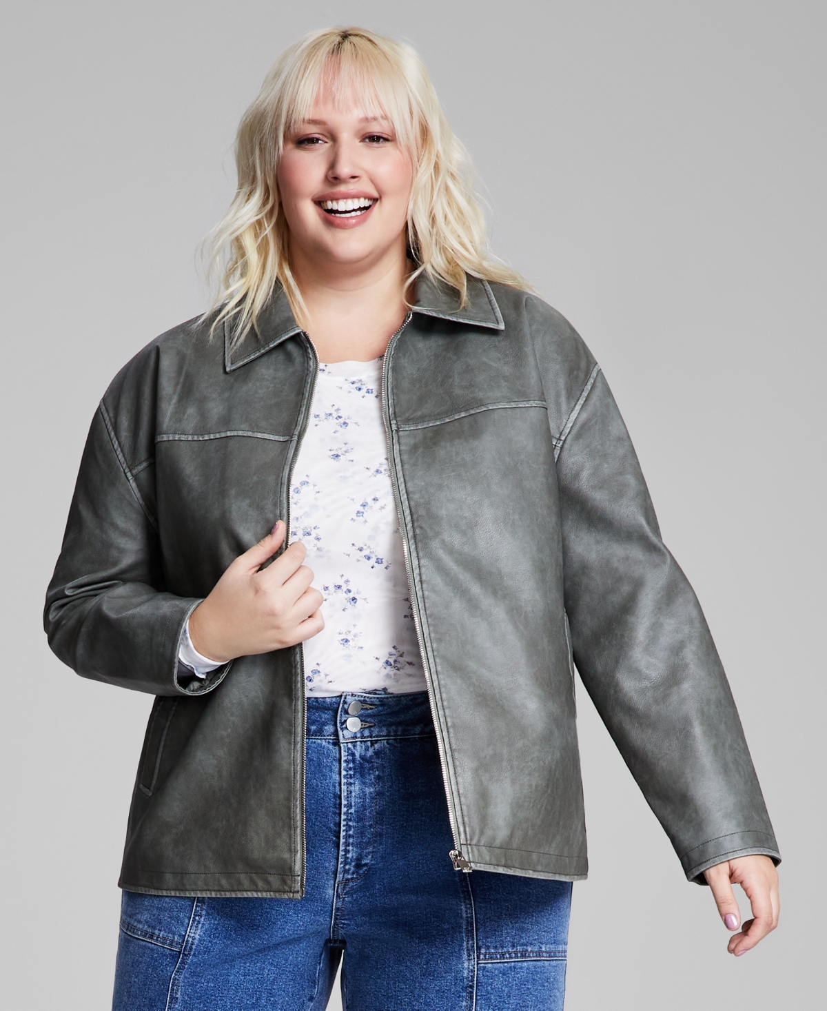 Trendy Plus Size Faux-Leather Zip-Front Jacket - Green