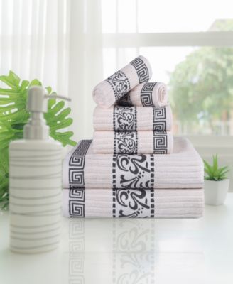 Athens Cotton with Greek Scroll and Floral Pattern Assorted, 6 Piece Bath Towel Set
