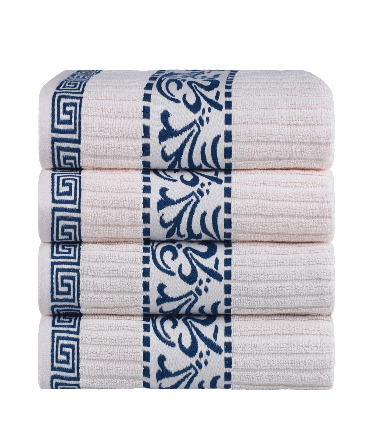 Superior Athens Cotton with Greek Scroll and Floral Pattern, 4 Piece - Ivory-Navy