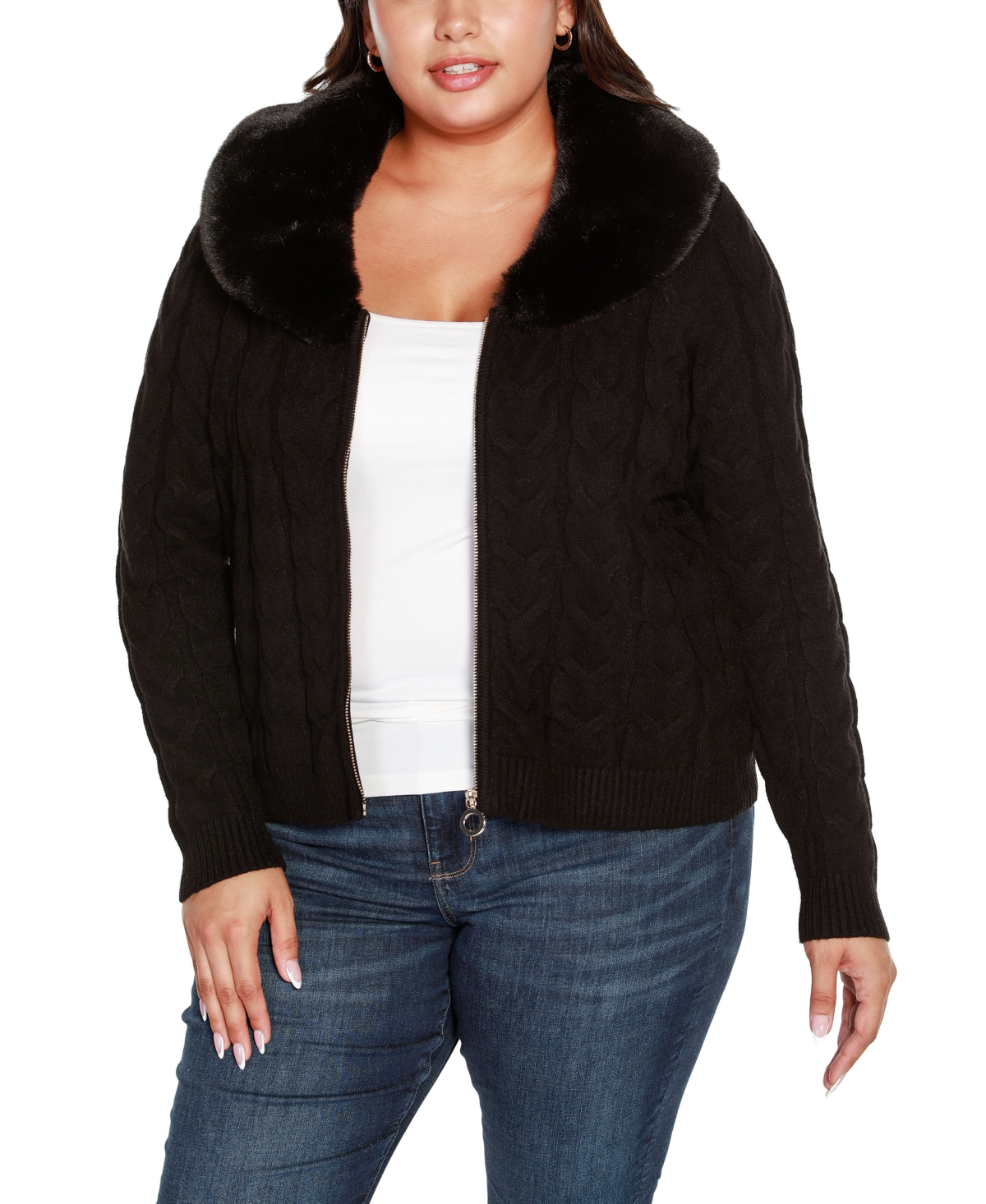 BelldiniLabel Plus Size Faux Fur Collared Cable Cardigan Sweater - Black