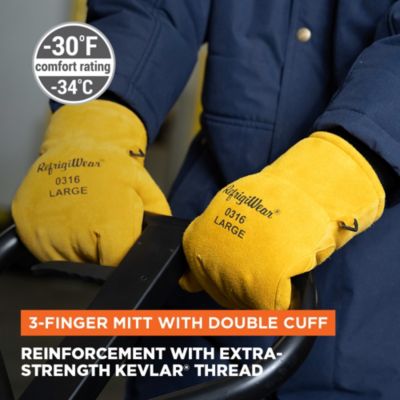 Men's Heavy-Duty 3-Finger Mitt with Double Cuff - Insulated Leather Gloves for Extreme Cold Protection