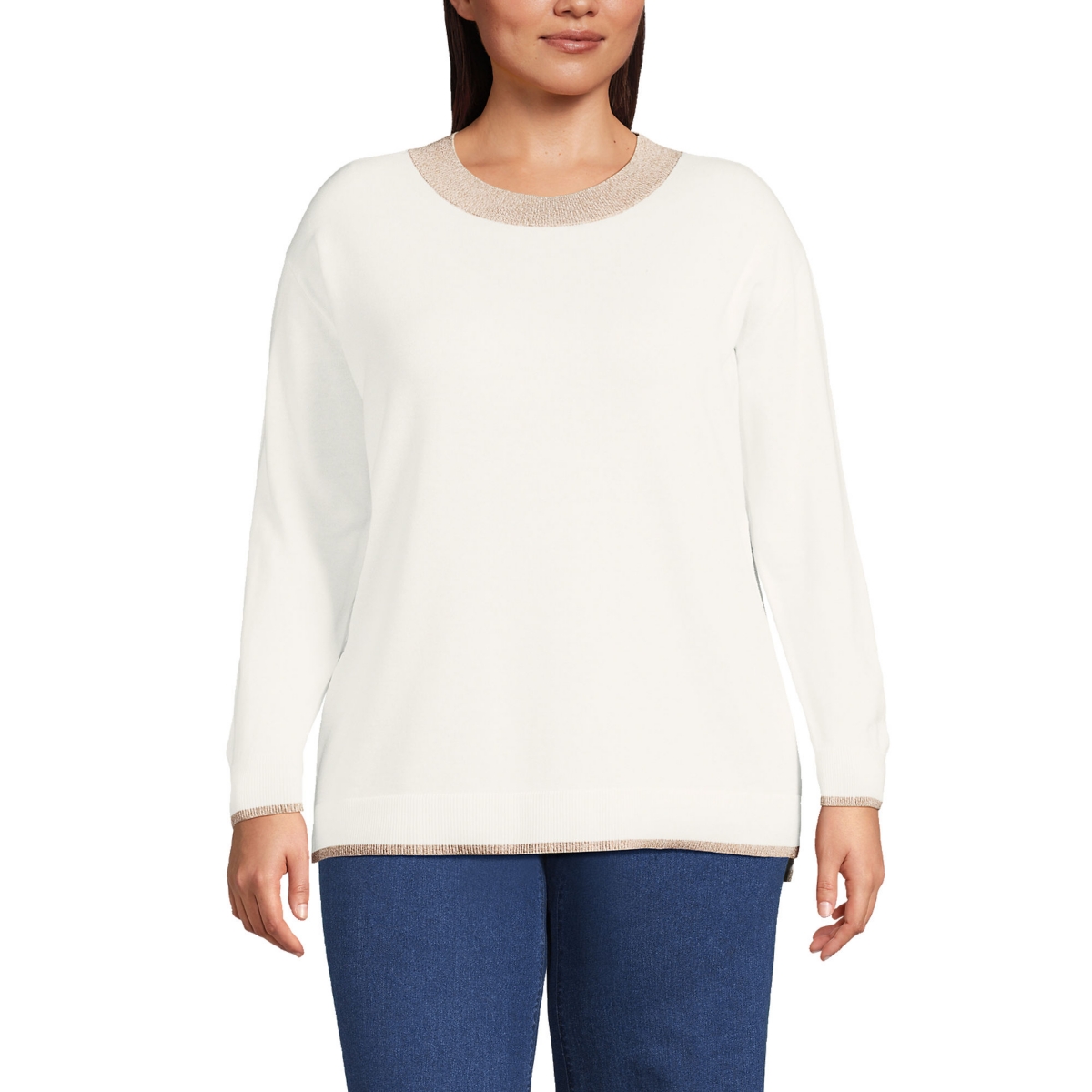 Women's Plus Size Fine Gauge Cotton Crewneck Sweater - Ivory/marl trims