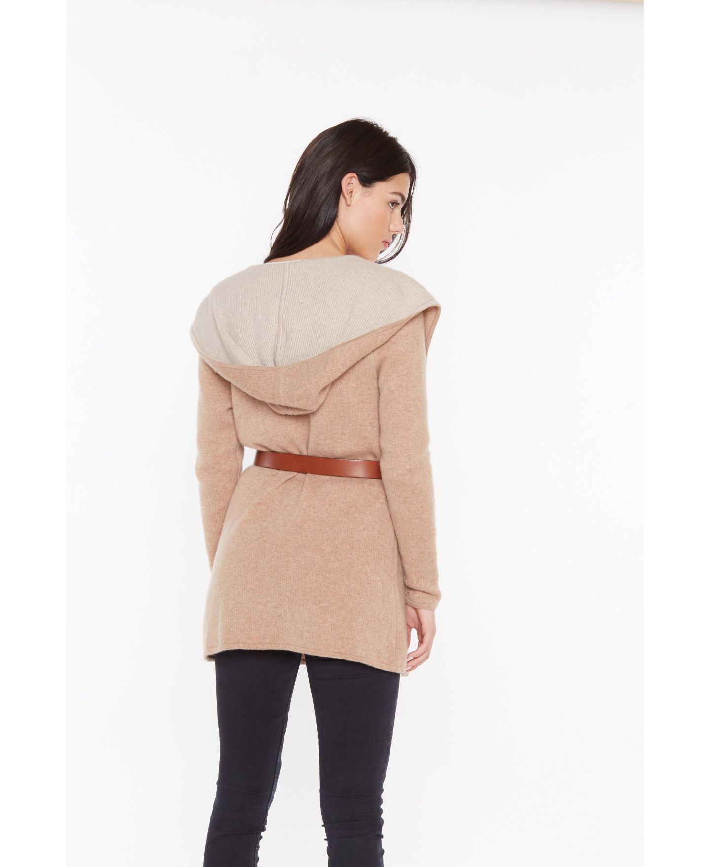 Женский кардиган JENNIE LIU 100% Pure Cashmere Long Sleeve 2-tone Double Face Cascade Open Cardigan, цвет: Верблюжий овсяный — фото 3