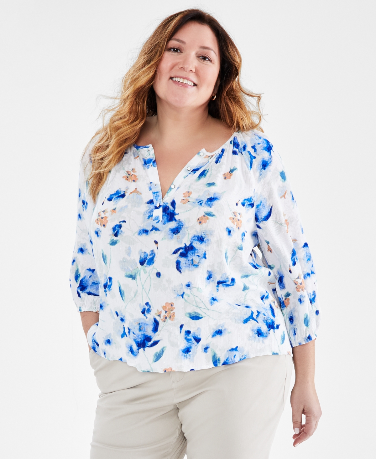 Style & Co Plus Size Shine Floral-print Blouse, Created For Macy's In Winter White