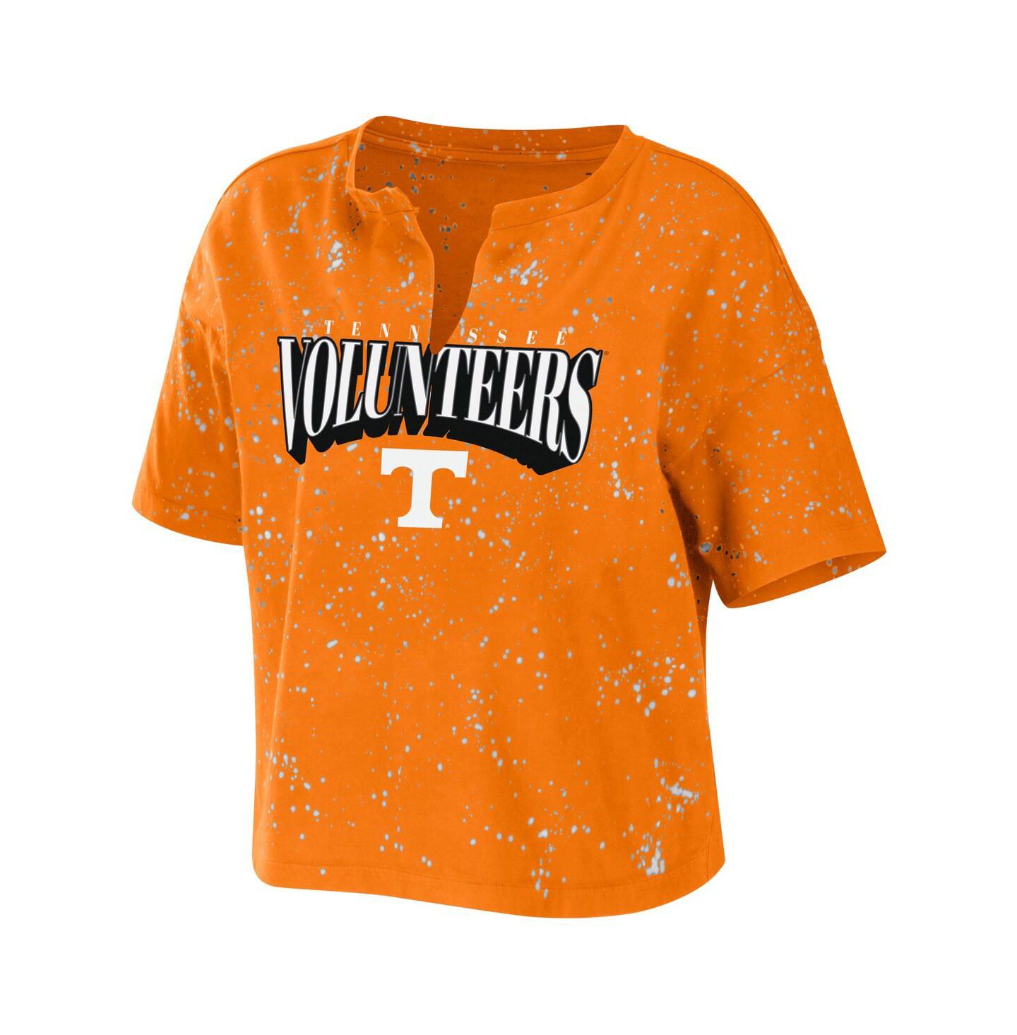 Женская футболка WEAR by Erin Andrews Tennessee Orange Tennessee Volunteers Bleach Wash Splatter Cropped Notch Neck — фото 3