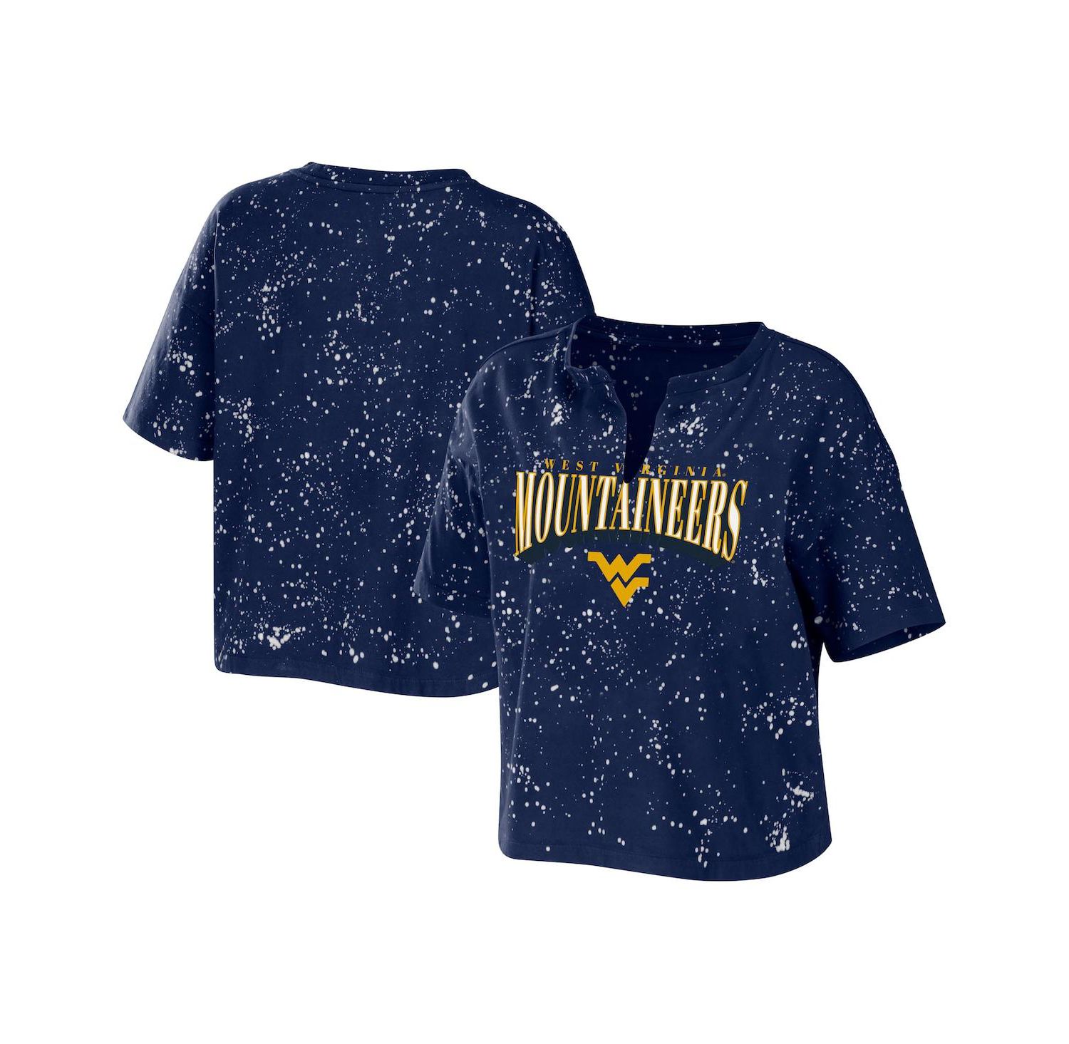 Women's Navy West Virginia Mountaineers Bleach Wash Splatter Cropped Notch Neck T-shirt