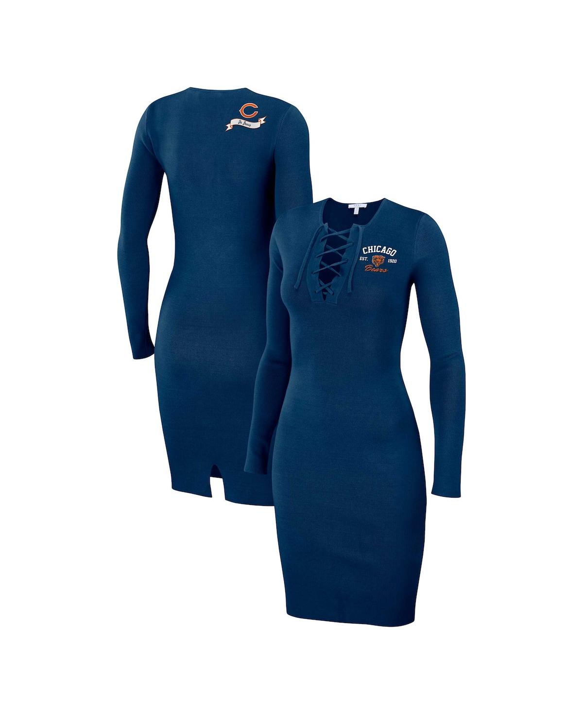 Shop Wear By Erin Andrews Women's  Navy Chicago Bears Lace Up Long Sleeve Dress
