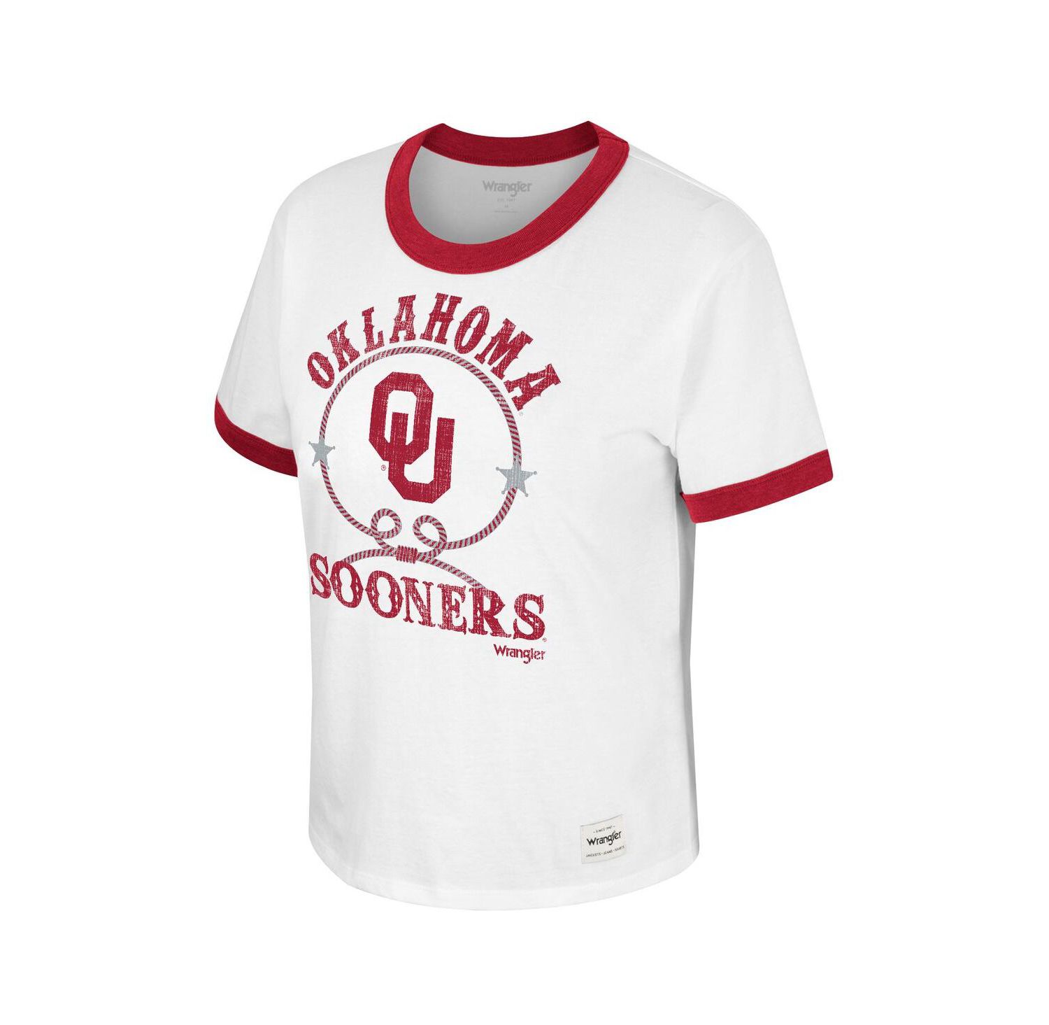 Women's x Wrangler White Distressed Oklahoma Sooners Freehand Ringer T-shirt
