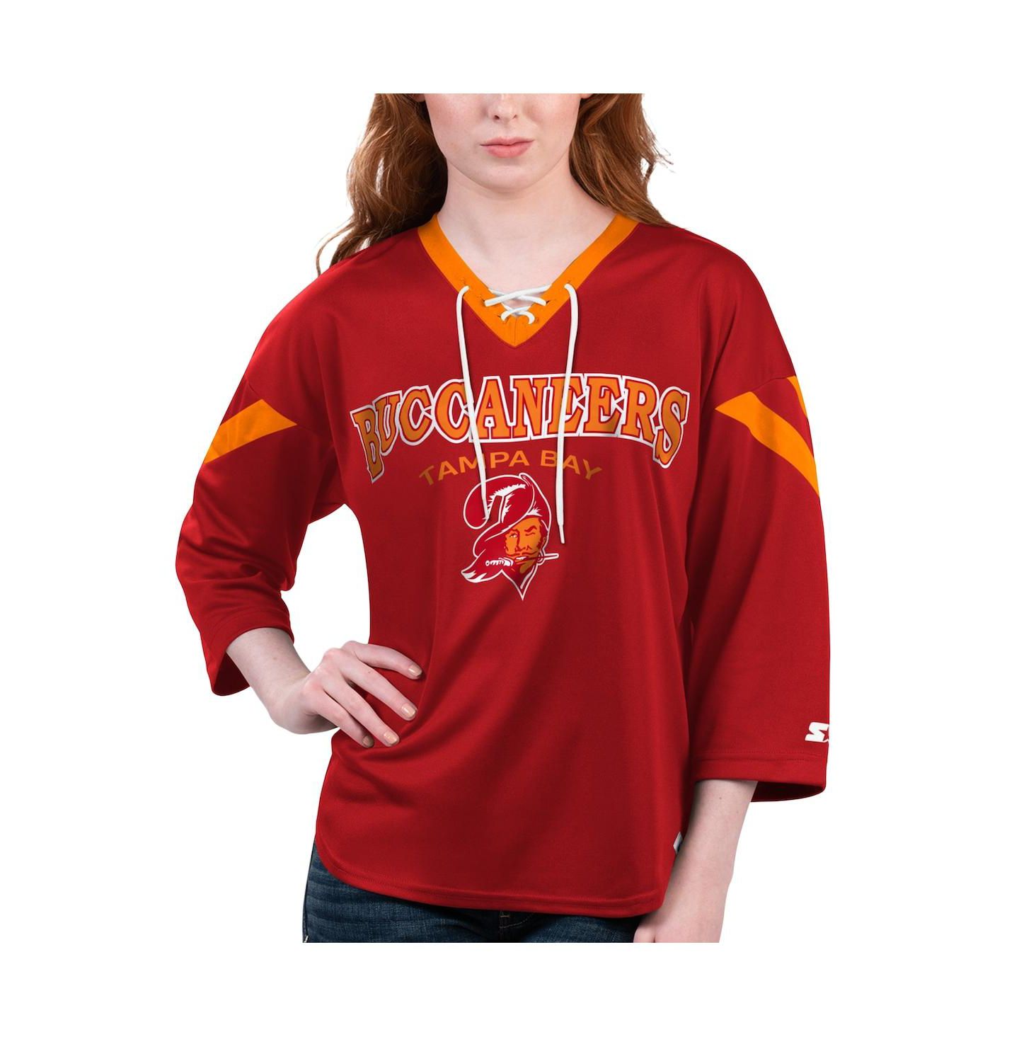 Женская футболка Starter Red Tampa Bay Buccaneers Rally Lace-Up 3/4 Sleeve — фото 1