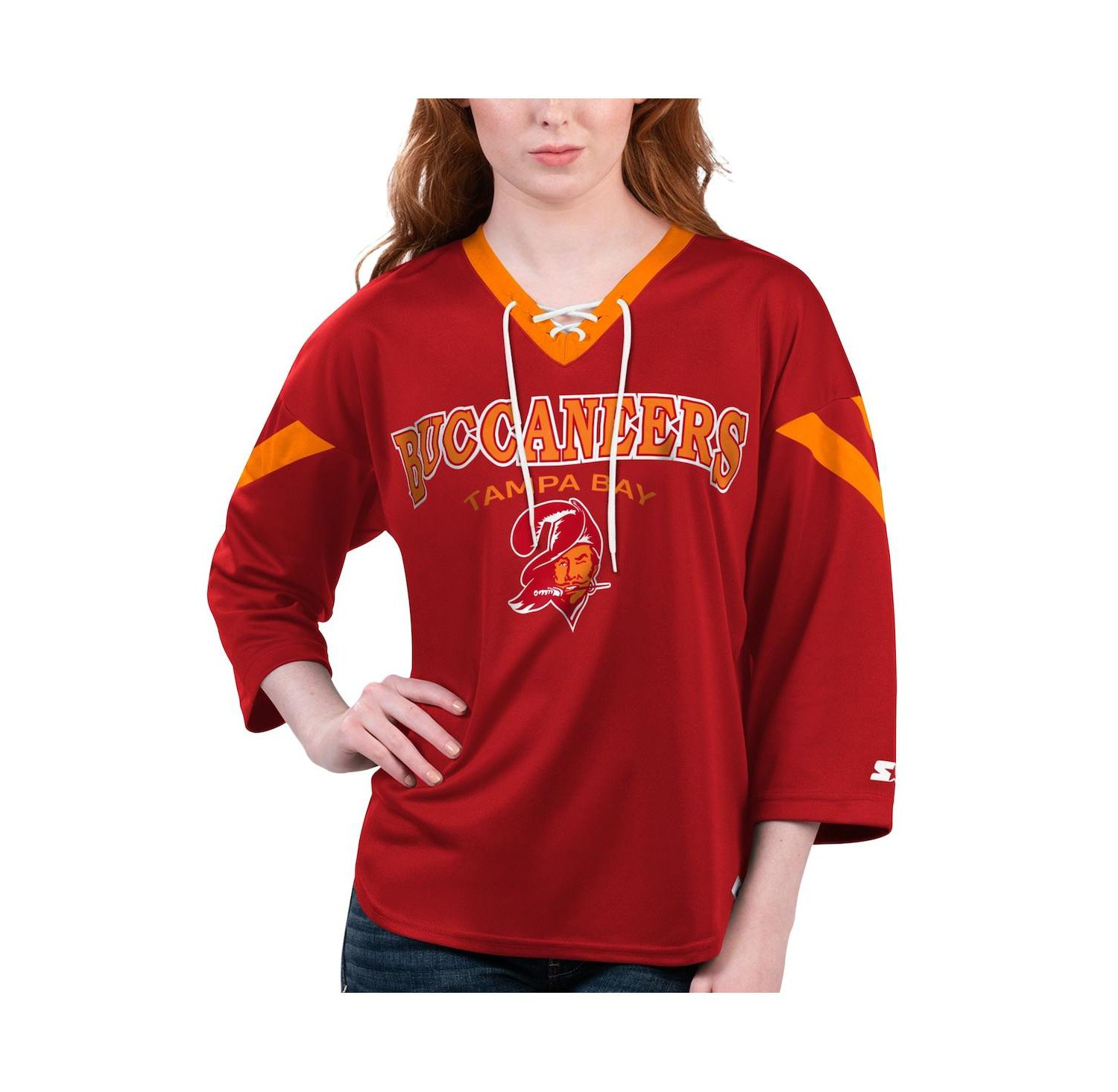 Women's Red Tampa Bay Buccaneers Rally Lace-Up 3/4 Sleeve T-shirt